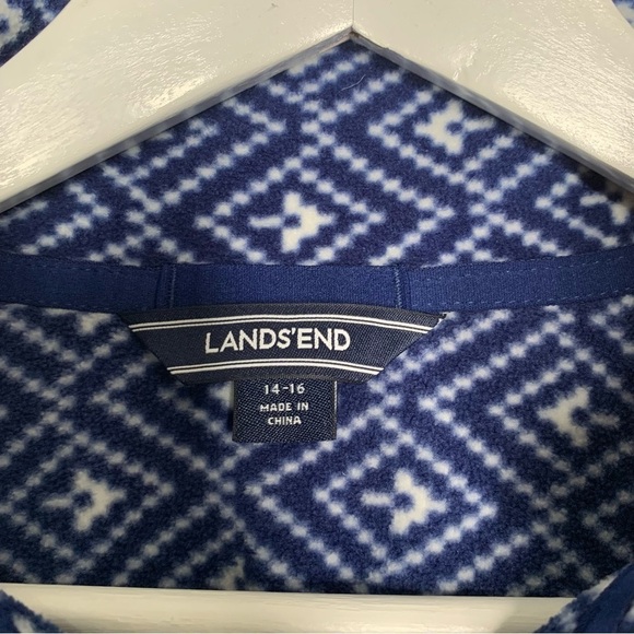 Lands’ End Womens Pullover Fleece Jacket Large 14/16 Blue White Geometric - Picture 2 of 5